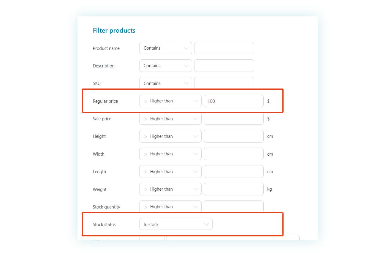 Filter products by regular price and stock status