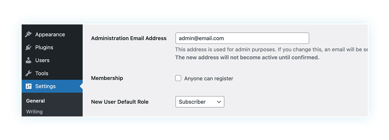 WordPress settings admin email address