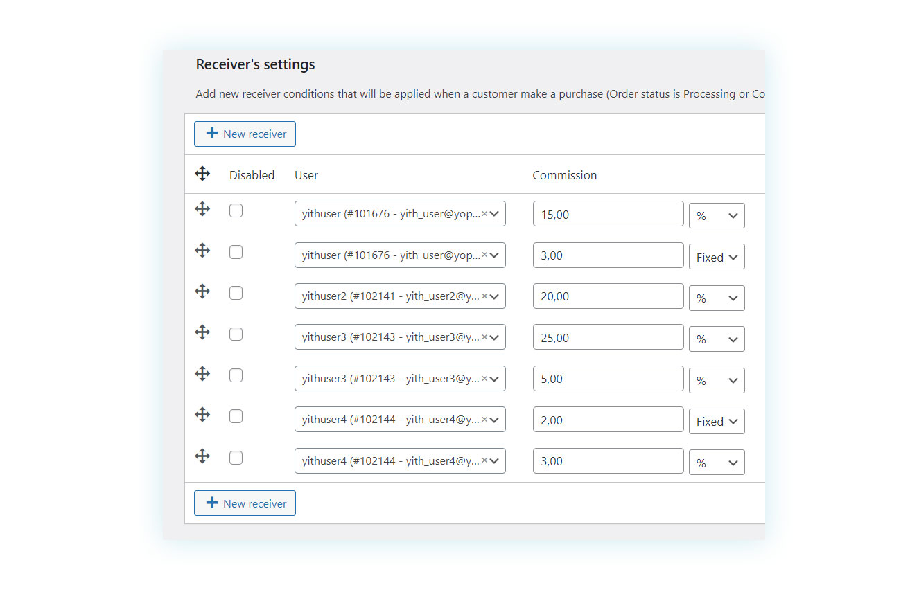 Receiver's settings