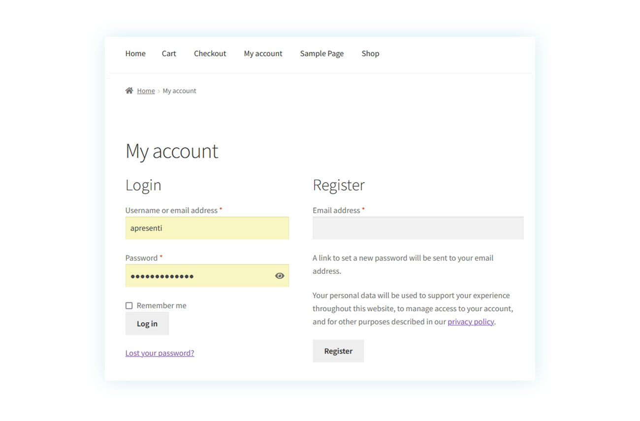 Form di login nella pagina di account del cliente