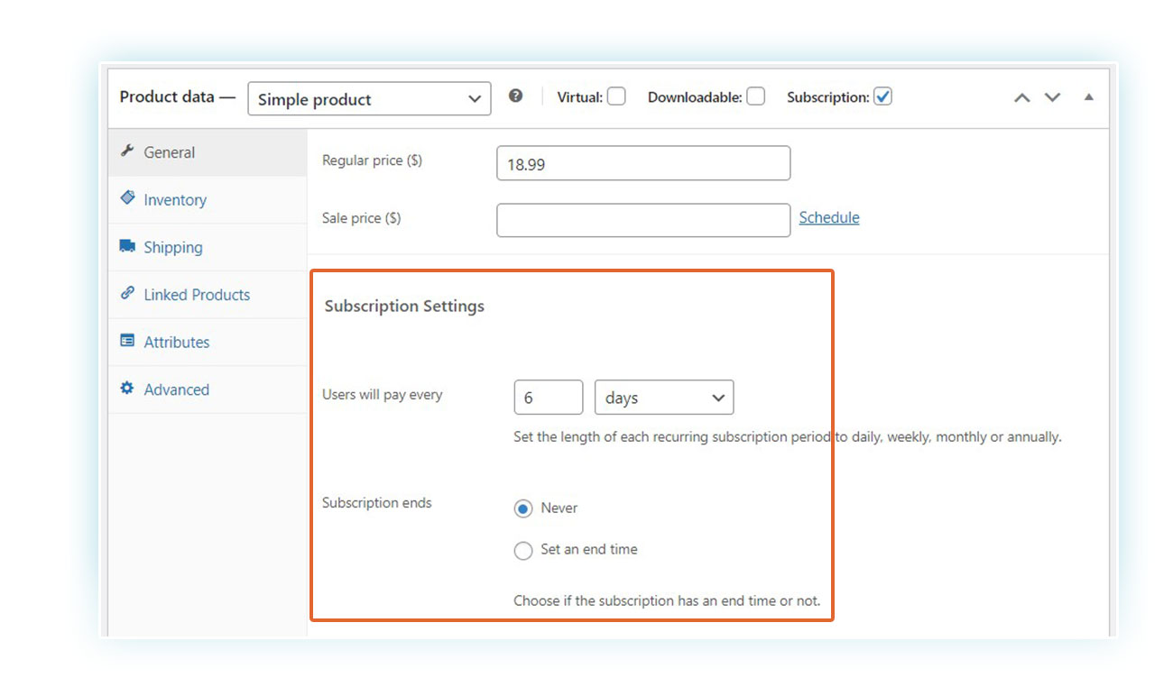 Product data Subscription settings