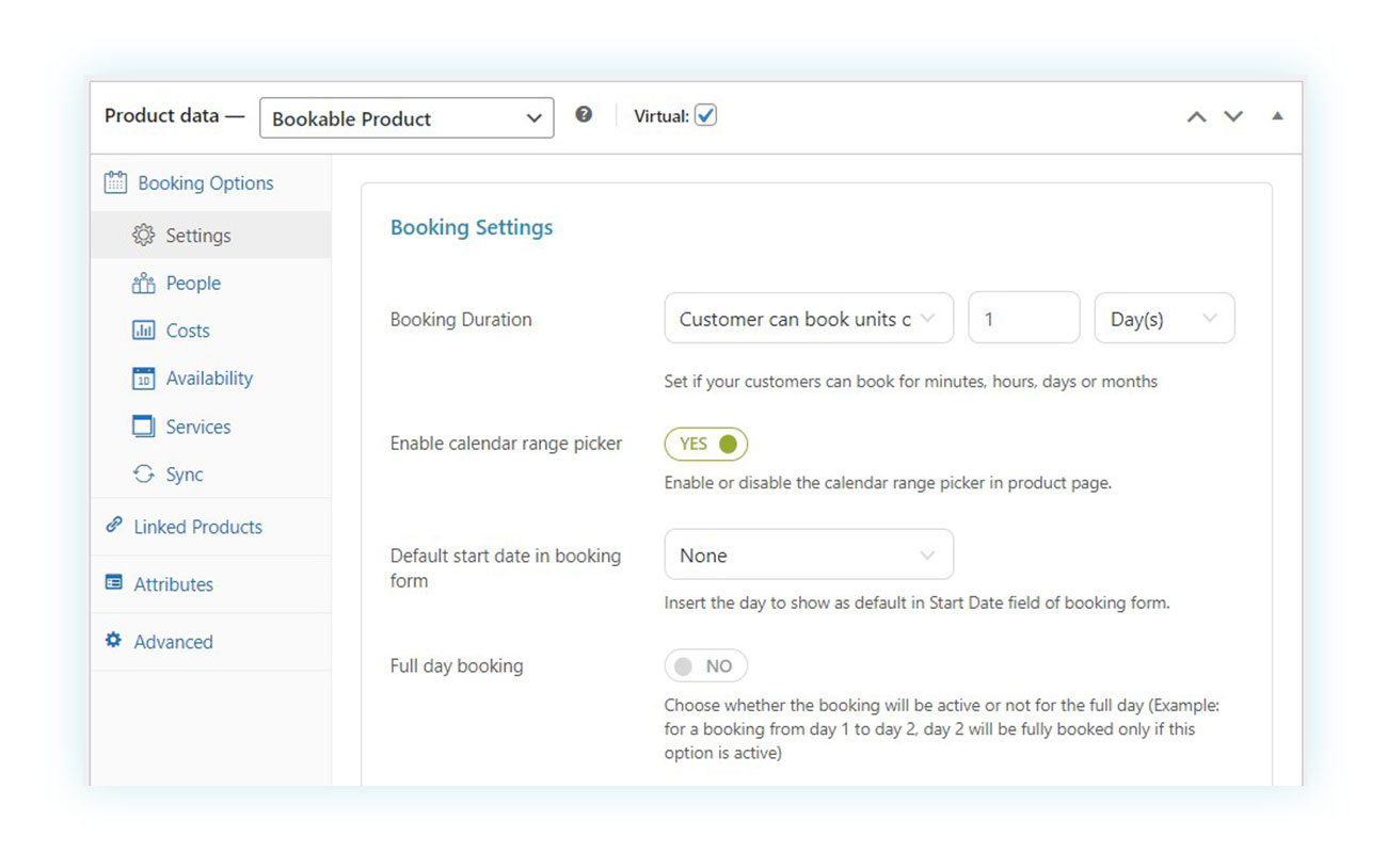 Bookable product settings