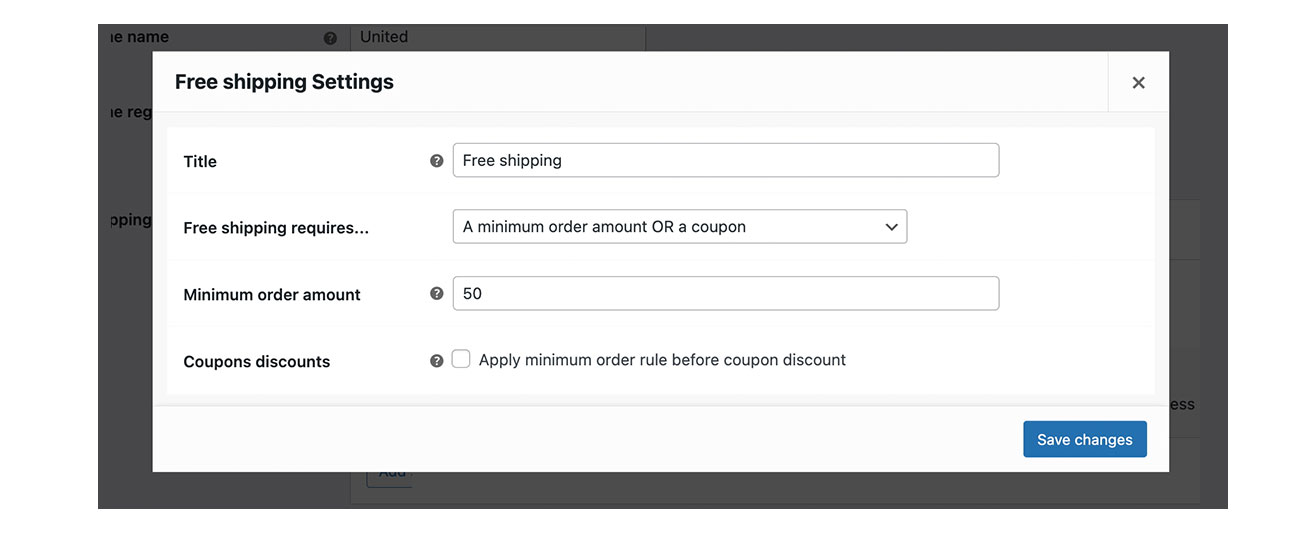 Free shipping settings - minimum amount WooCommerce