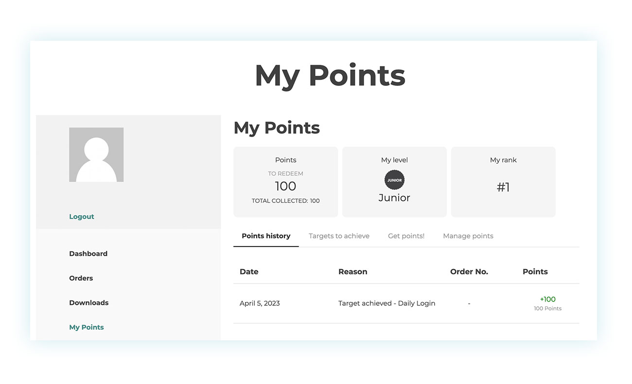 Points and rewards example WooCommerce