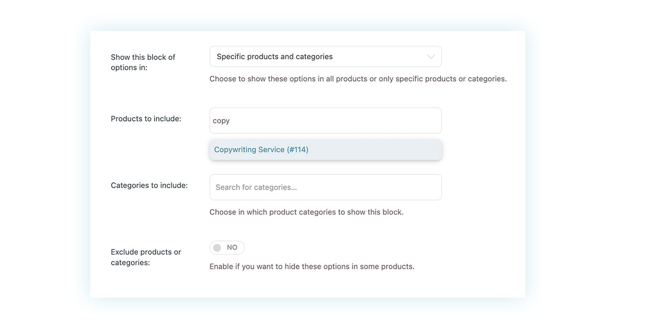 Block info configuration: Products to include