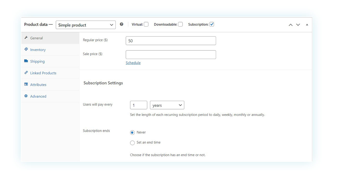 Subscription settings in the product data section