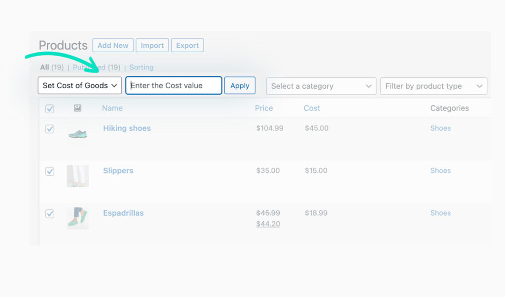 Set the cost of goods with bulk actions