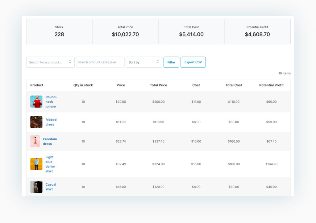 Stock report (YITH Cost of Goods for WooCommerce)