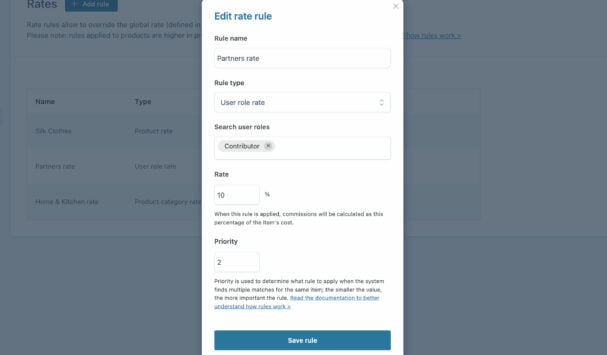 Custom affiliate rates by user, role, product