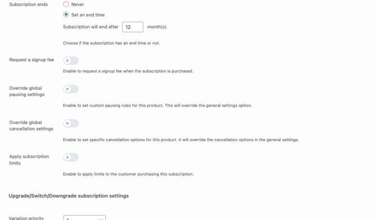 Subscription settings on product variation