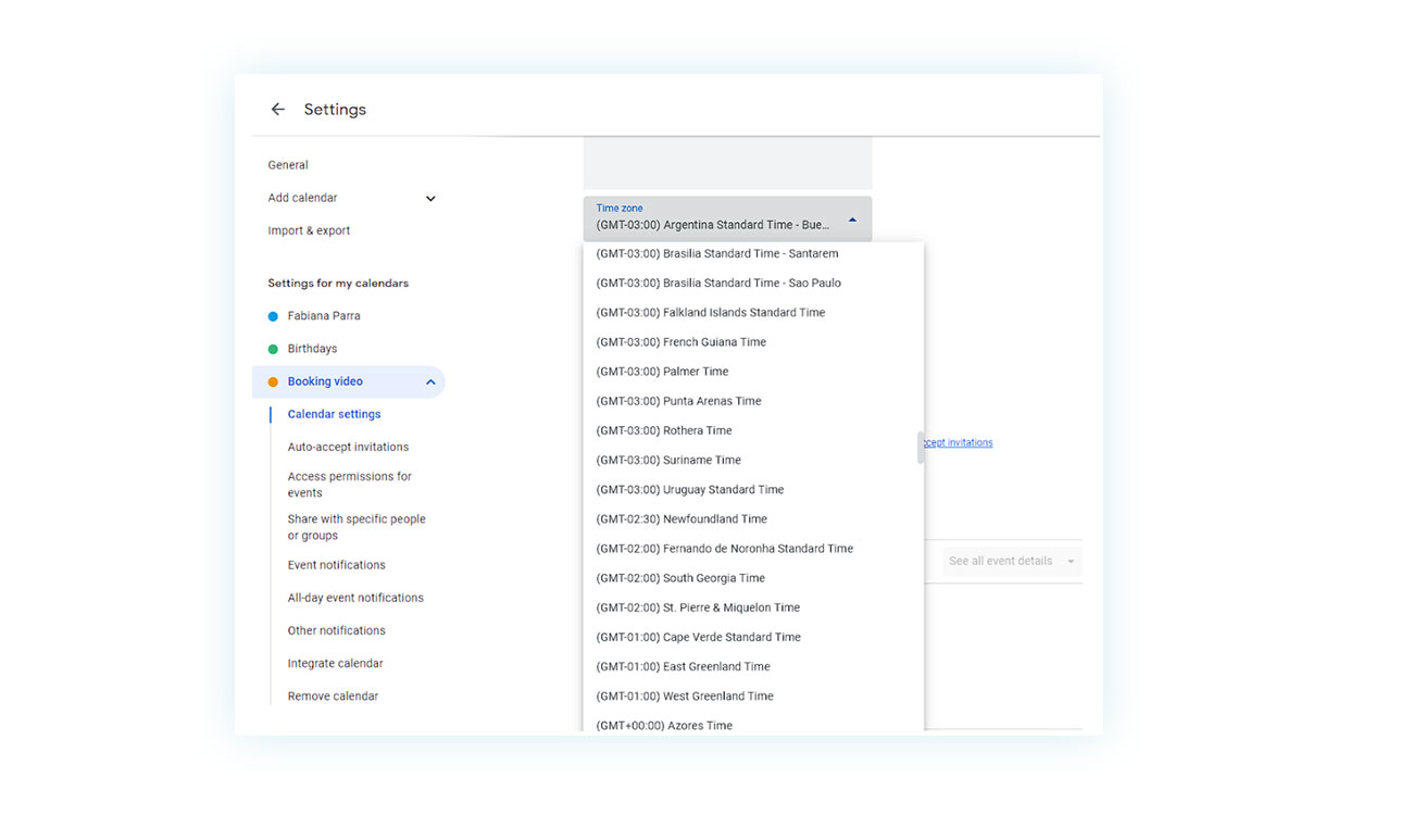 Choosing the time zone on Google Calendar