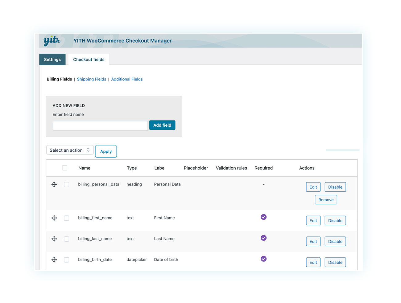 Customizable fields in the plugin