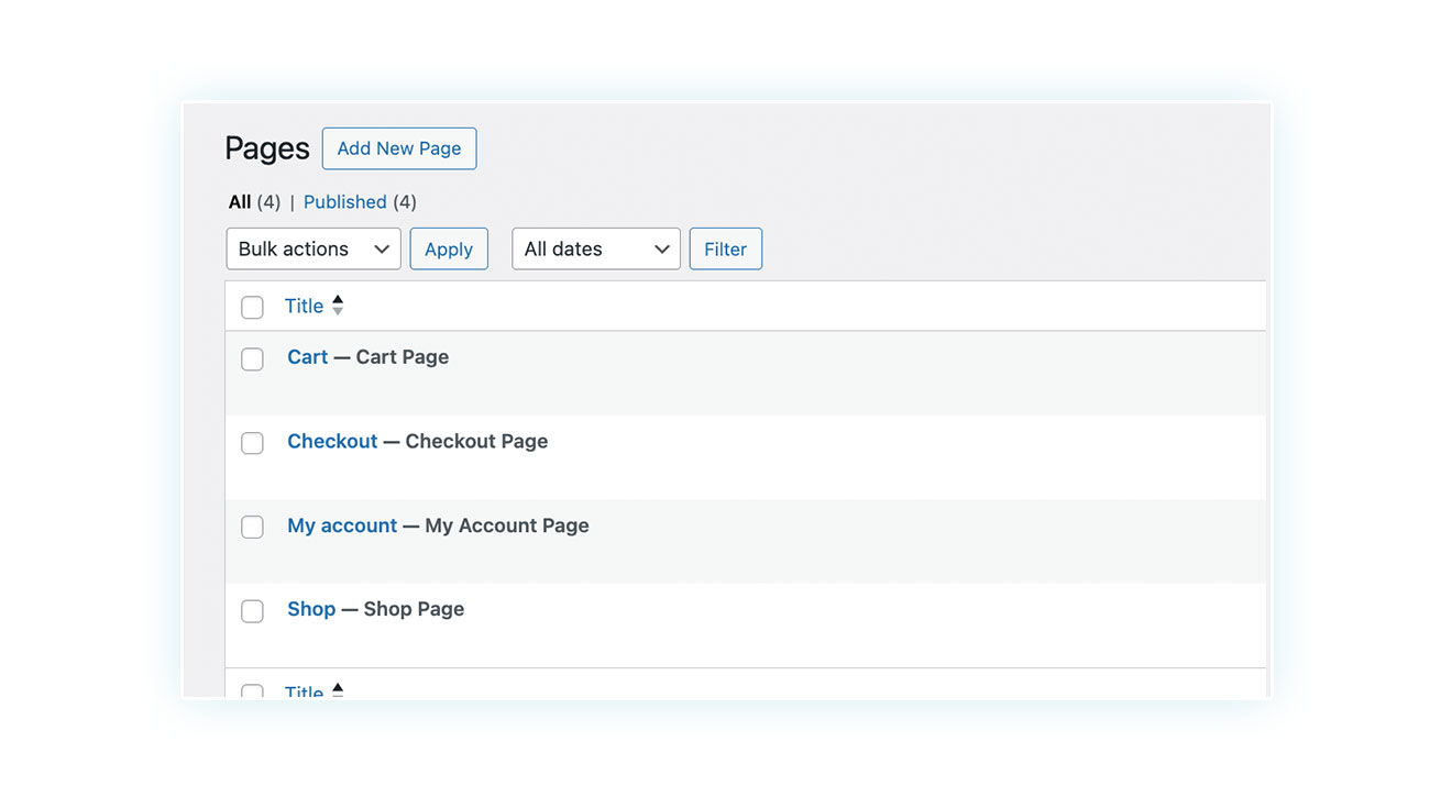 Various pages present on WooCommerce, including the checkout