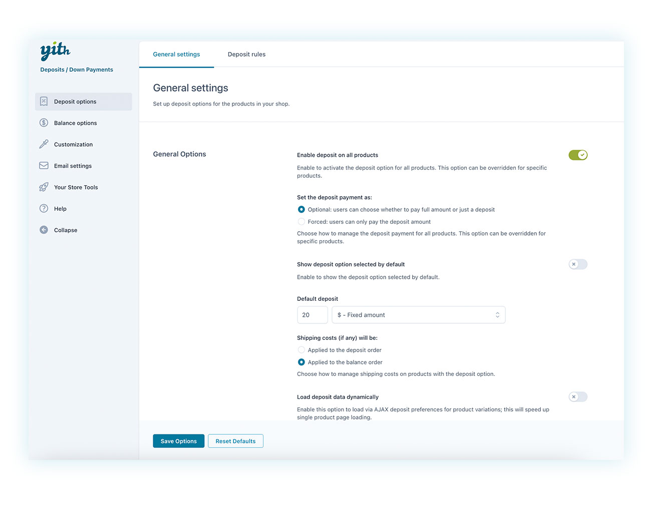 General down payment settings