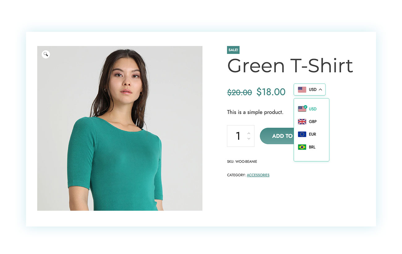 Currency selector on the product page