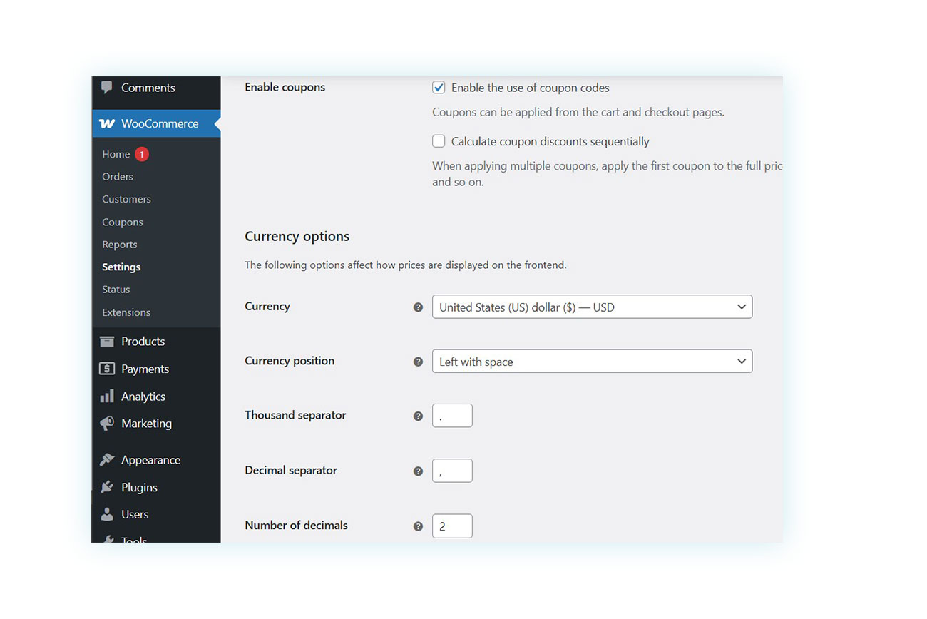 Currency settings