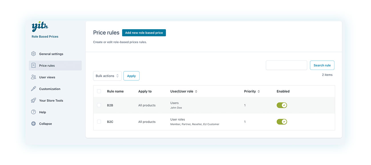 Pricing rules based on user type