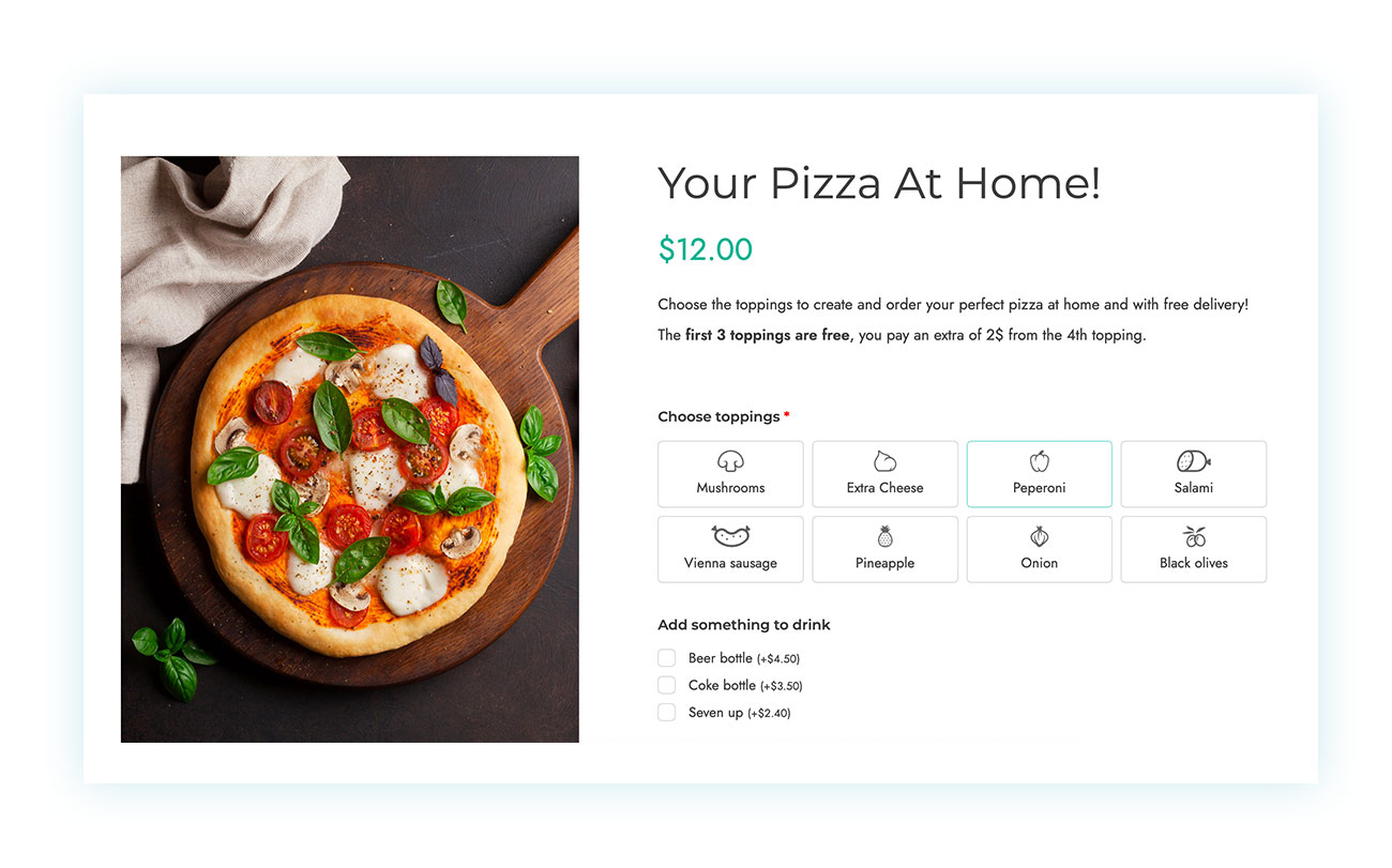 Pizza product with additional fields to select